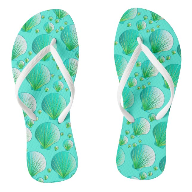 Seafoam green seashells on aqua thongs (Footbed)