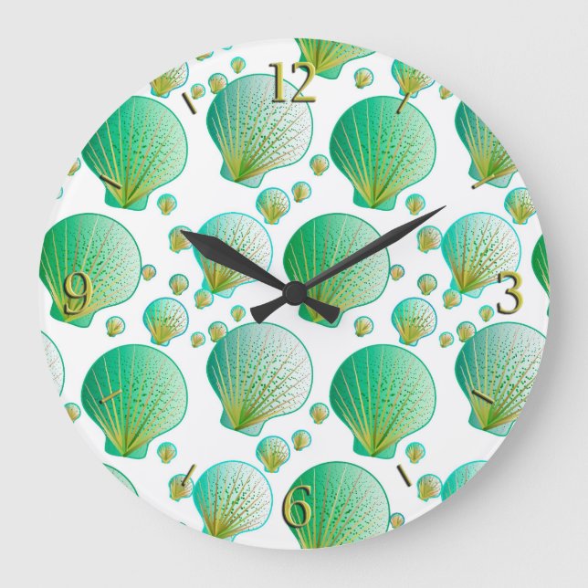 Seafoam green seashells on white large clock (Front)