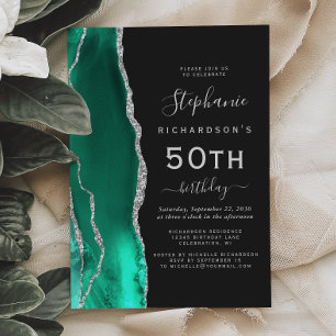 Seafoam Green Silver Agate Dark 50th Birthday Invitation