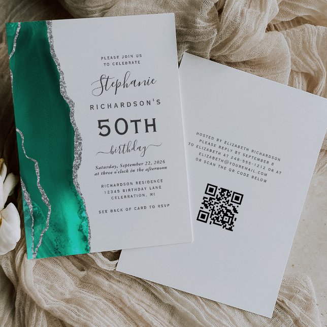 Seafoam Green Silver Agate QR Code 50th Birthday Invitation (Creator Uploaded)