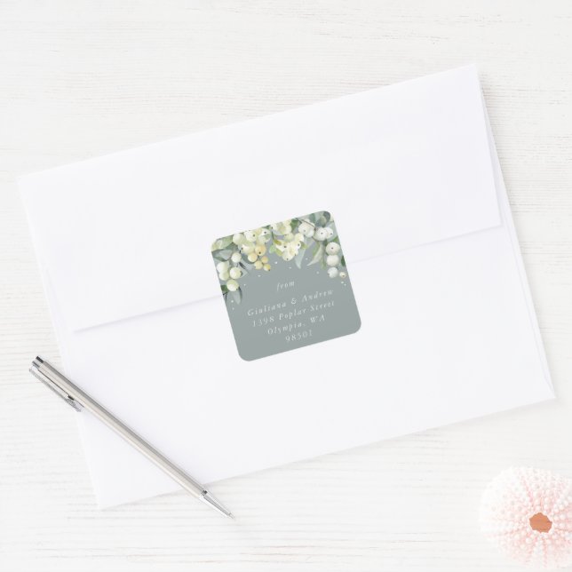 Seafoam Green Snowberry+Eucalyptus Address Classic Square Sticker (Envelope)