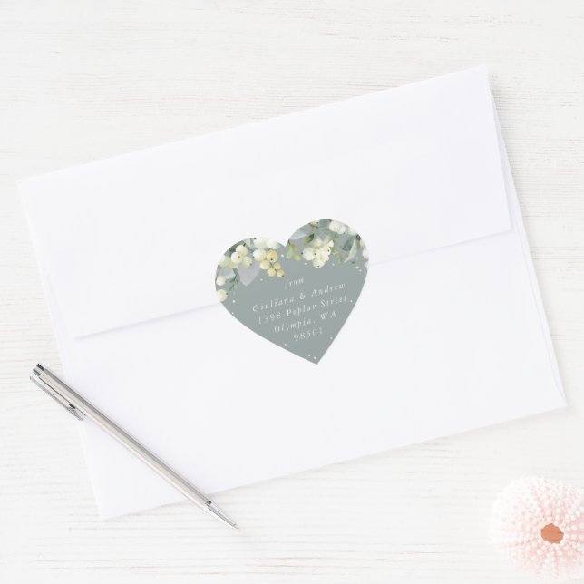 Seafoam Green Snowberry+Eucalyptus Address Heart Sticker (Envelope)