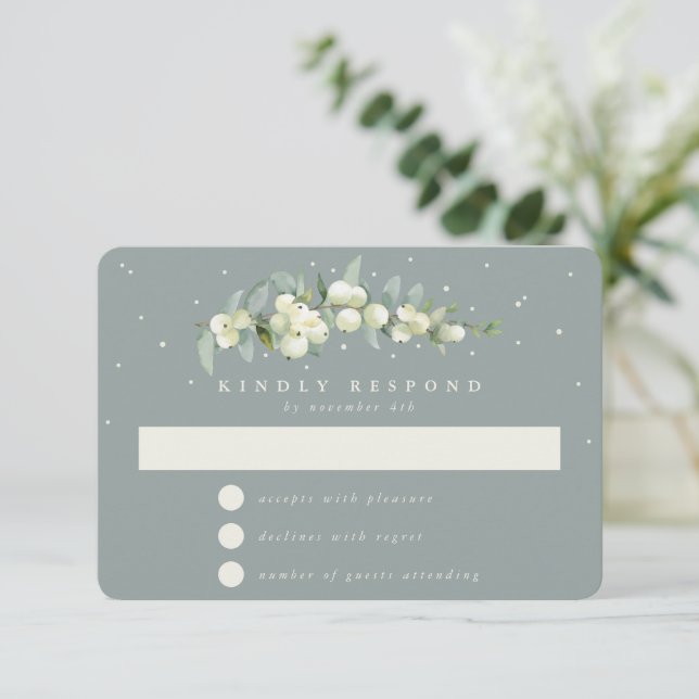 Seafoam Green Snowberry+Eucalyptus Garland Wedding RSVP Card (Standing Front)
