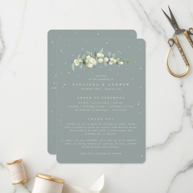 Seafoam Green Snowberry+Eucalyptus Stem Wedding Program (Front/Back In Situ)