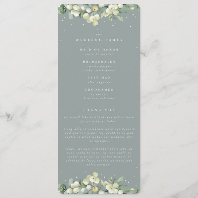 Seafoam Green Snowberry+Eucalyptus Stem Wedding Program (Back)
