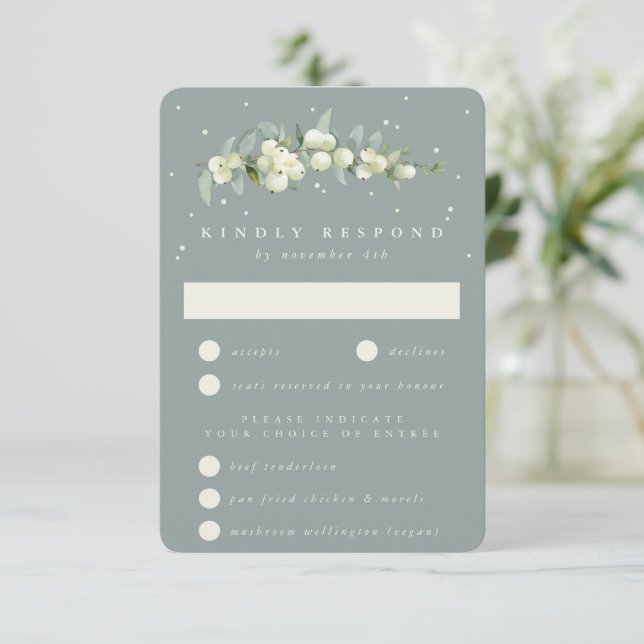 Seafoam Green Snowberry+Eucalyptus Stem Wedding RSVP Card (Standing Front)