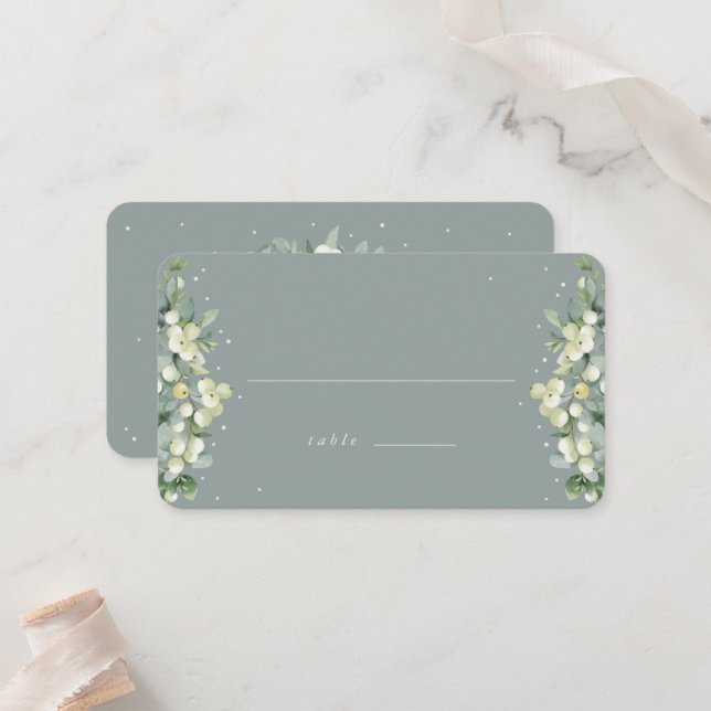 Seafoam Green Snowberry+Eucalyptus Wedding Flat Place Card (Front/Back In Situ)
