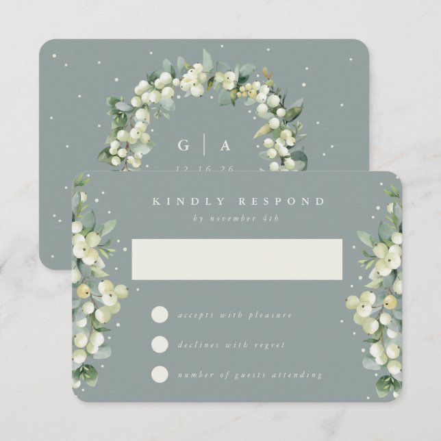 Seafoam Green Snowberry+Eucalyptus Wedding RSVP Card (Front/Back)