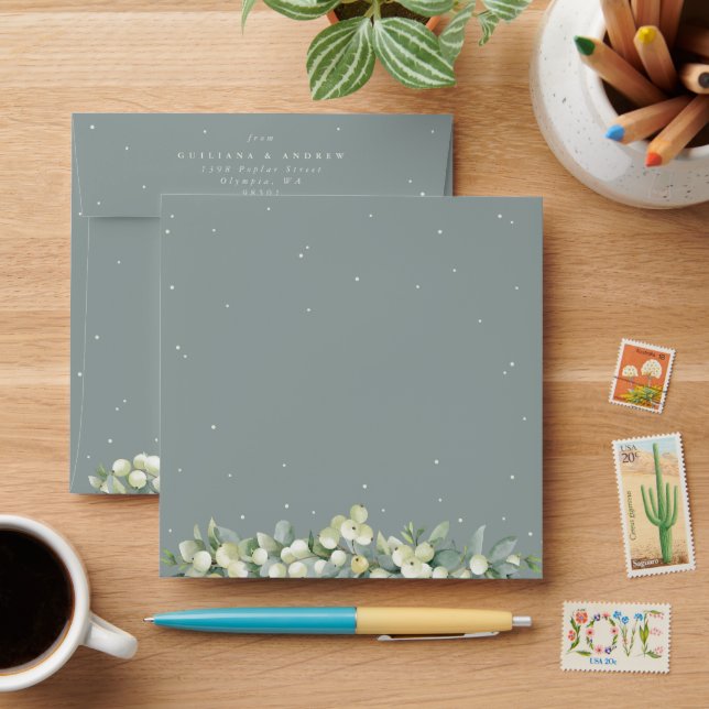 Seafoam Green Snowberry+Eucalyptus Wedding Square Envelope (Desk)