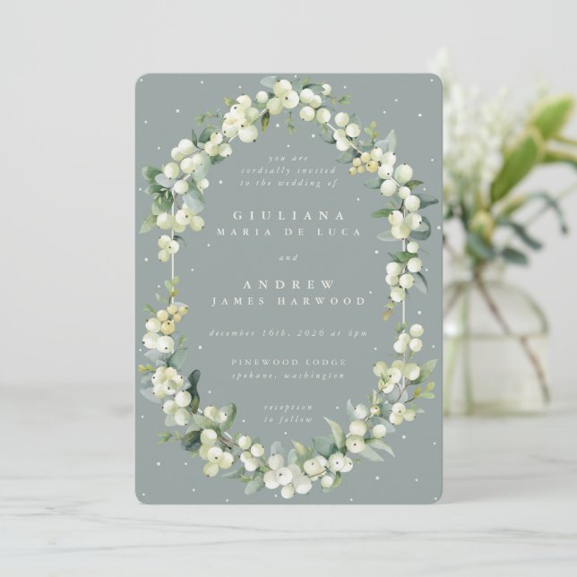 Seafoam Green Snowberry+Eucalyptus Winter Wedding Invitation (Standing Front)