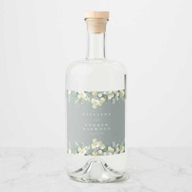 Seafoam Green Snowberry+Eucalyptus Winter Wedding Liquor Bottle Label (Front)