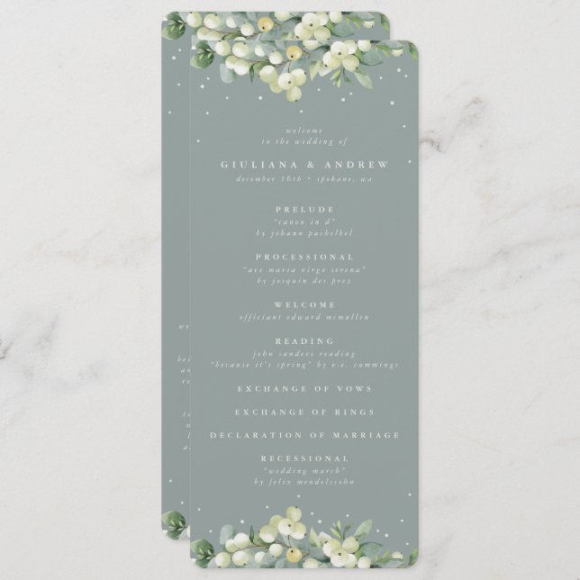 Seafoam Green Snowberry+Eucalyptus Winter Wedding Program (Front/Back)