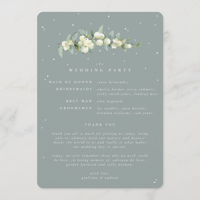 Seafoam Green Snowberry+Eucalyptus Winter Wedding Program (Back)