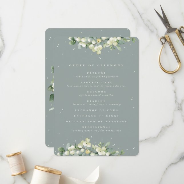 Seafoam Green Snowberry+Eucalyptus Winter Wedding Program (Front/Back In Situ)