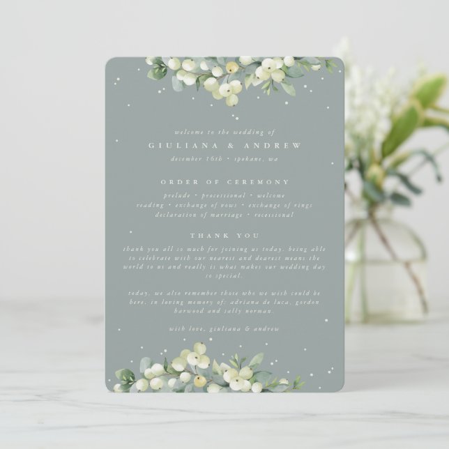 Seafoam Green Snowberry+Eucalyptus Winter Wedding Program (Standing Front)