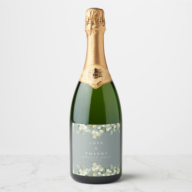 Seafoam Green Snowberry+Eucalyptus Winter Wedding Sparkling Wine Label (Front)