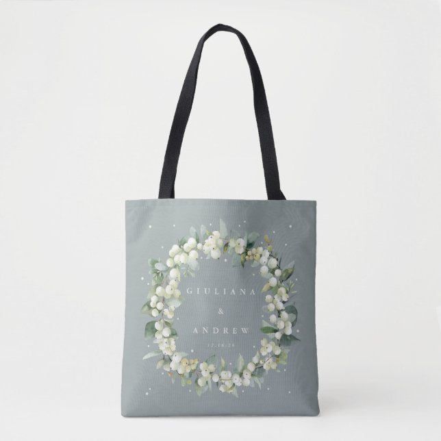 Seafoam Green Snowberry+Eucalyptus Winter Wedding Tote Bag (Front)