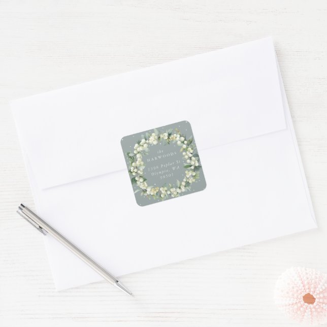 Seafoam Green Snowberry+Eucalyptus Wreath Address Square Sticker (Envelope)