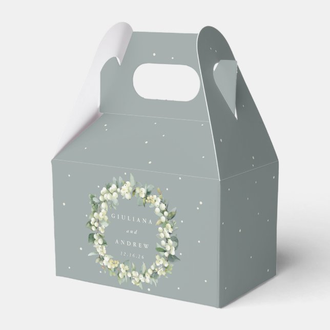 Seafoam Green Snowberry+Eucalyptus Wreath Wedding Favour Box (Front Side)