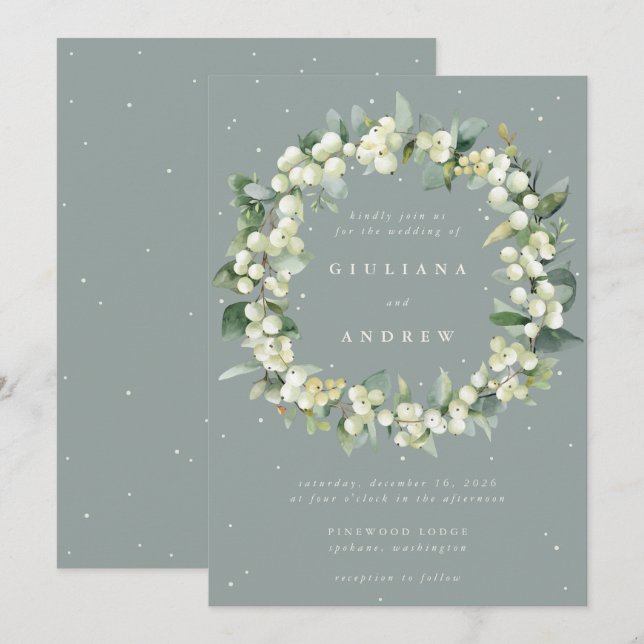 Seafoam Green Snowberry+Eucalyptus Wreath Wedding Invitation (Front/Back)