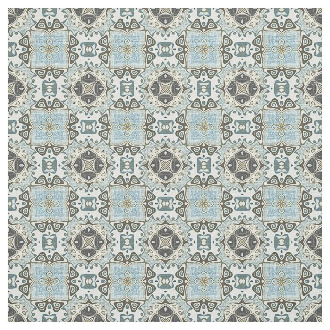 Seafoam Green Teal Blue Brown Bali Batik Pattern Fabric (Swatch)