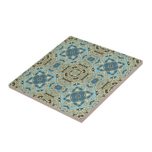 Seafoam Green Teal Blue Ochre Ethnic Tribe Art Ceramic Tile