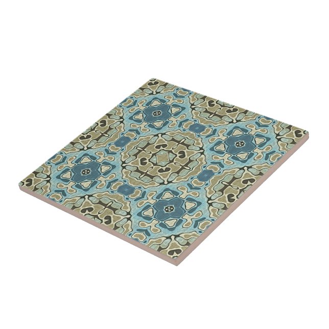 Seafoam Green Teal Blue Ochre Ethnic Tribe Art Ceramic Tile (Side)