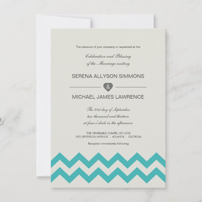 Seafoam Green & Teal Chevron Wedding Invitation (Front)