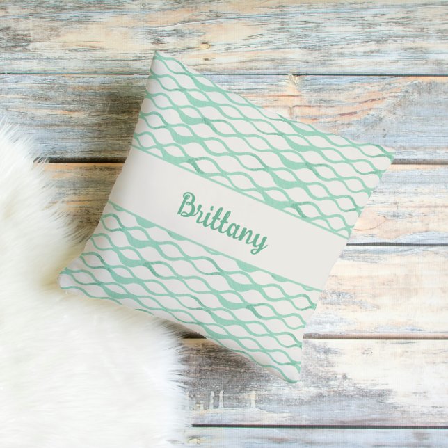 Seafoam Green Waves Personalized Coastal Decor Cushion (Seafoam Green Teal Wave Pattern Coastal Decor Throw Pillow)