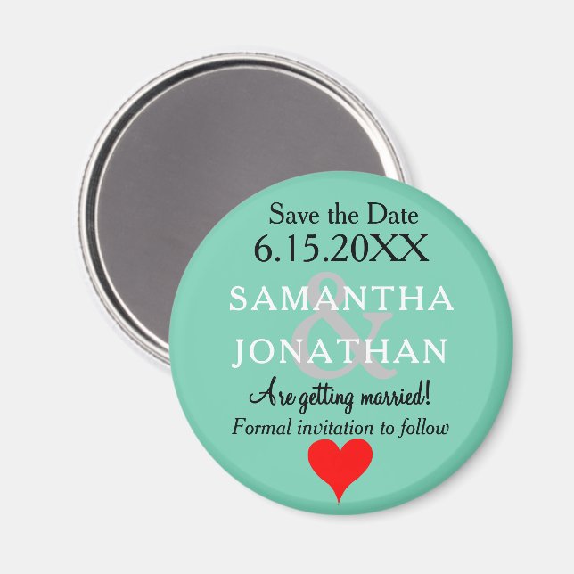 Seafoam Green Wedding Save the Date Heart Magnet (Front/Back)