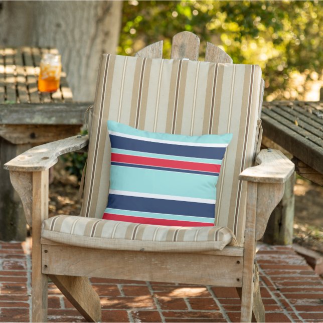 Seafoam Green White Dark Blue Red Stripes Pattern Cushion (Chair)