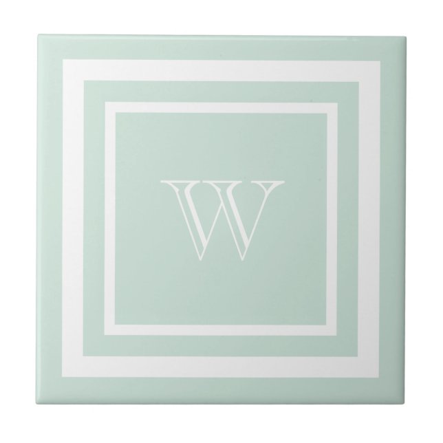 Seafoam Green White Framed Monogram Ceramic Tile (Front)