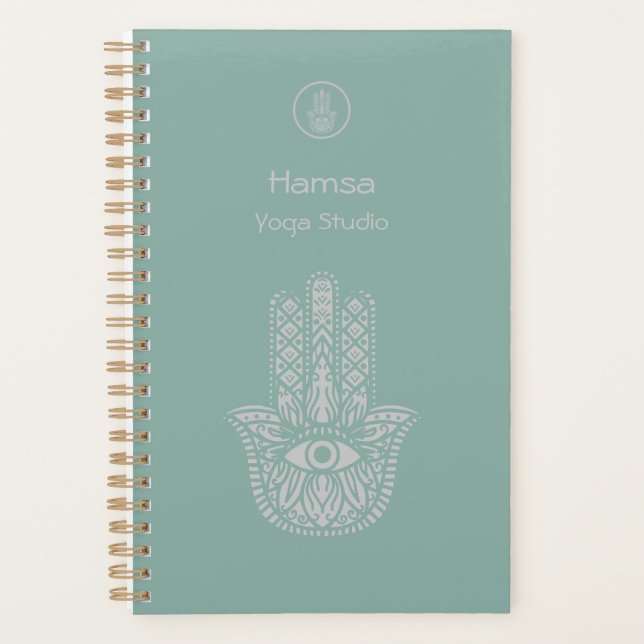Seafoam Green Yoga Studio Hamsa Customisable Planner (Front)