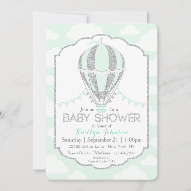 Seafoam Hot Air Balloon Gender Neutral Baby Shower Invitation (Front)
