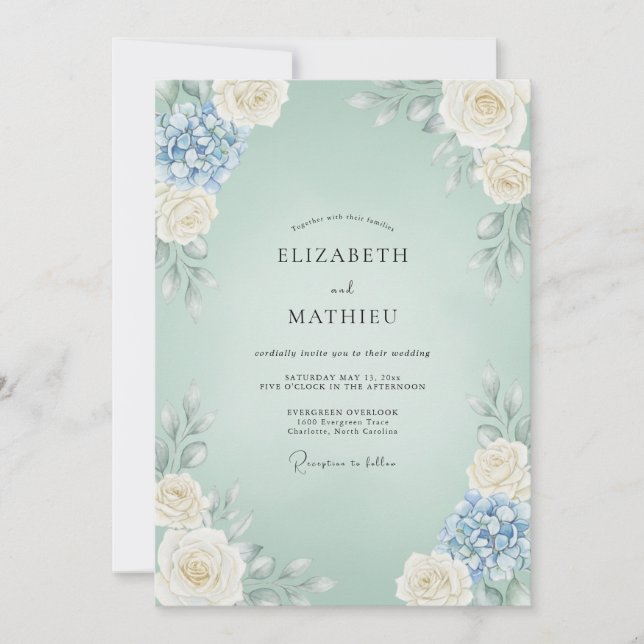 Seafoam Hydrangea Rose Wedding Invitation (Front)