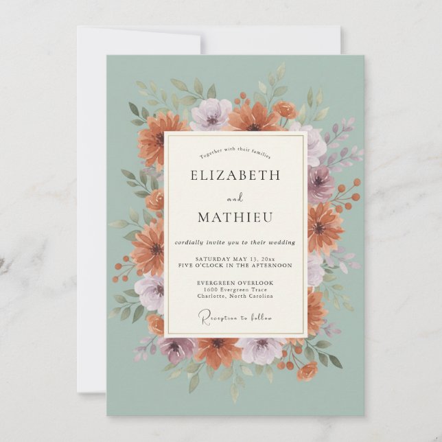Seafoam Lavender Leafy Wedding Invitation (Front)