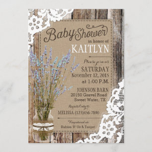 Seafoam Lavender Wood Lace Rustic Baby Shower Invitation