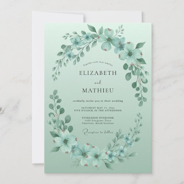 Seafoam Leafy Wreath Wedding Invitation (Front)