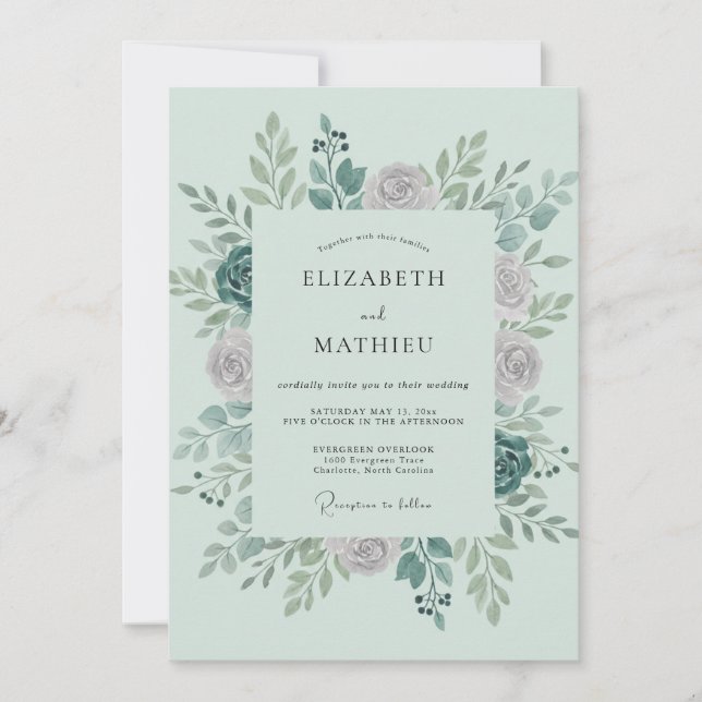 Seafoam Mauve Leafy Wedding Invitation (Front)
