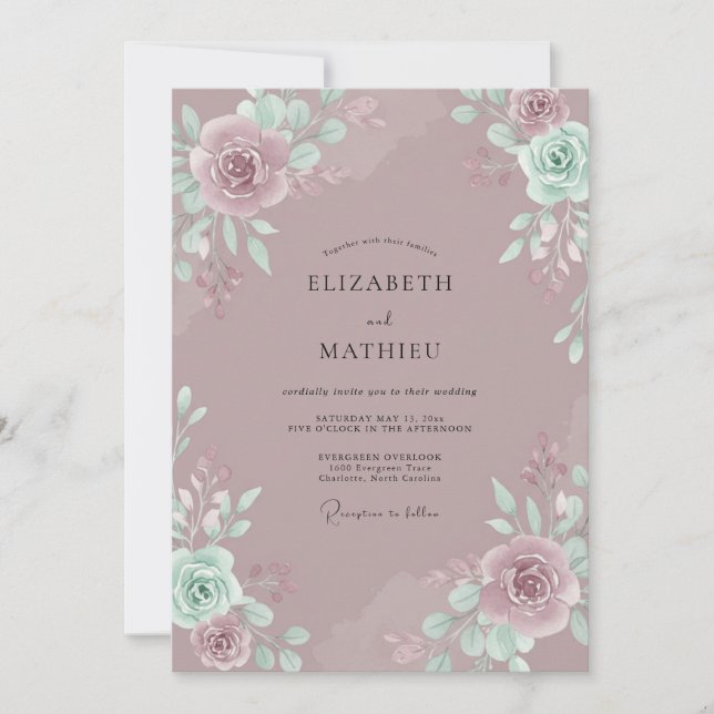 Seafoam Mauve Peony Wedding Invitation (Front)