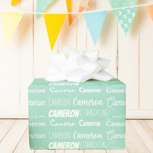Seafoam Mint Green Birthday Personalised Name Wrapping Paper