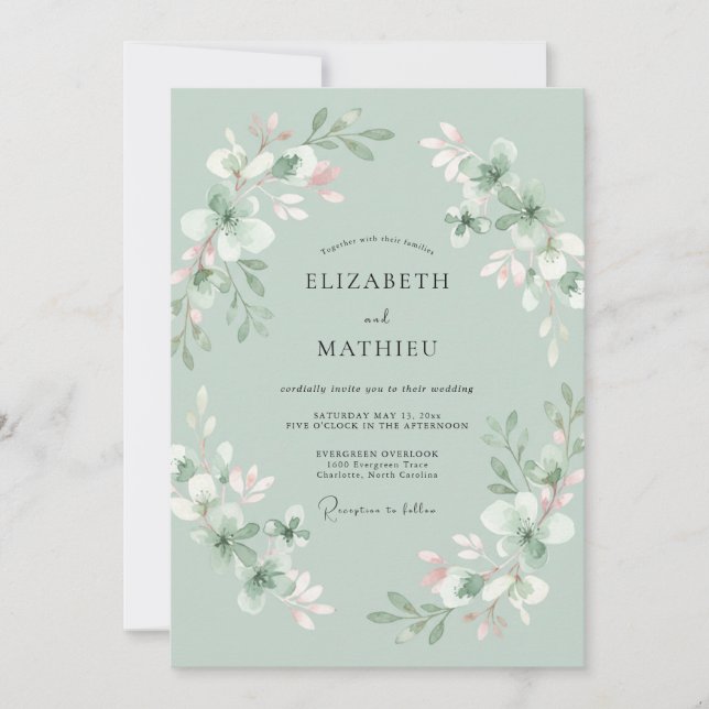Seafoam Mint Wreath Wedding Invitation (Front)