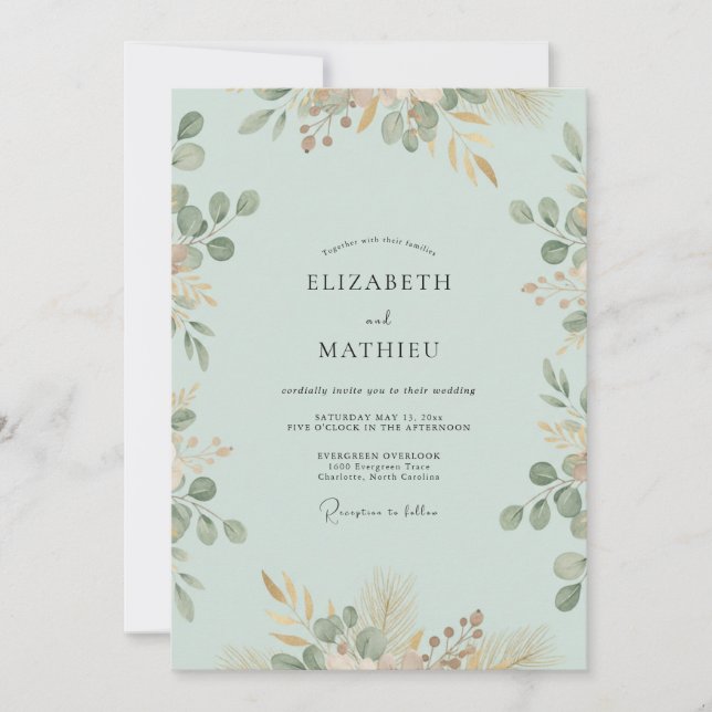 Seafoam Peach Eucalyptus Wedding Invitation (Front)