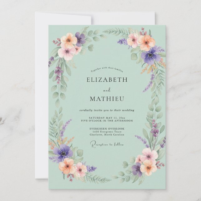 Seafoam Peach Periwinkle Painted Wedding Invitation (Front)