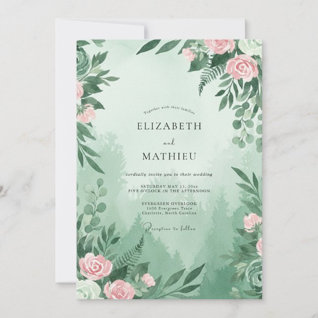 Seafoam Pink Leaf Wedding Invitation (Front)