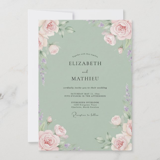Seafoam Pink Peony Wedding Invitation (Front)
