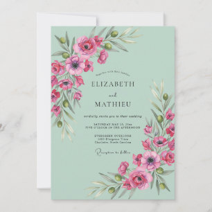 Seafoam Pink Poppy Wedding Invitation