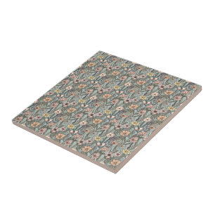 Seafoam Pink Yellow Retro Wildflower Ceramic Tile