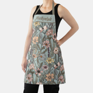 Seafoam Pink Yellow Retro Wildflower Custom Name Apron