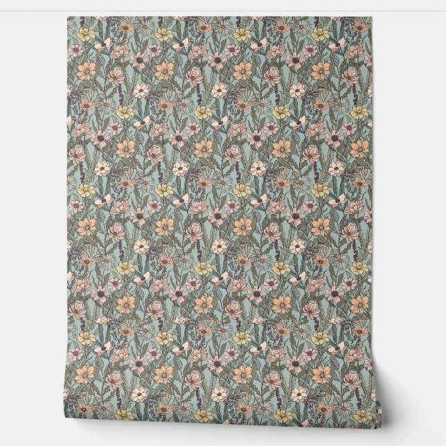 Seafoam Pink Yellow Retro Wildflower Wallpaper (Unrolling)